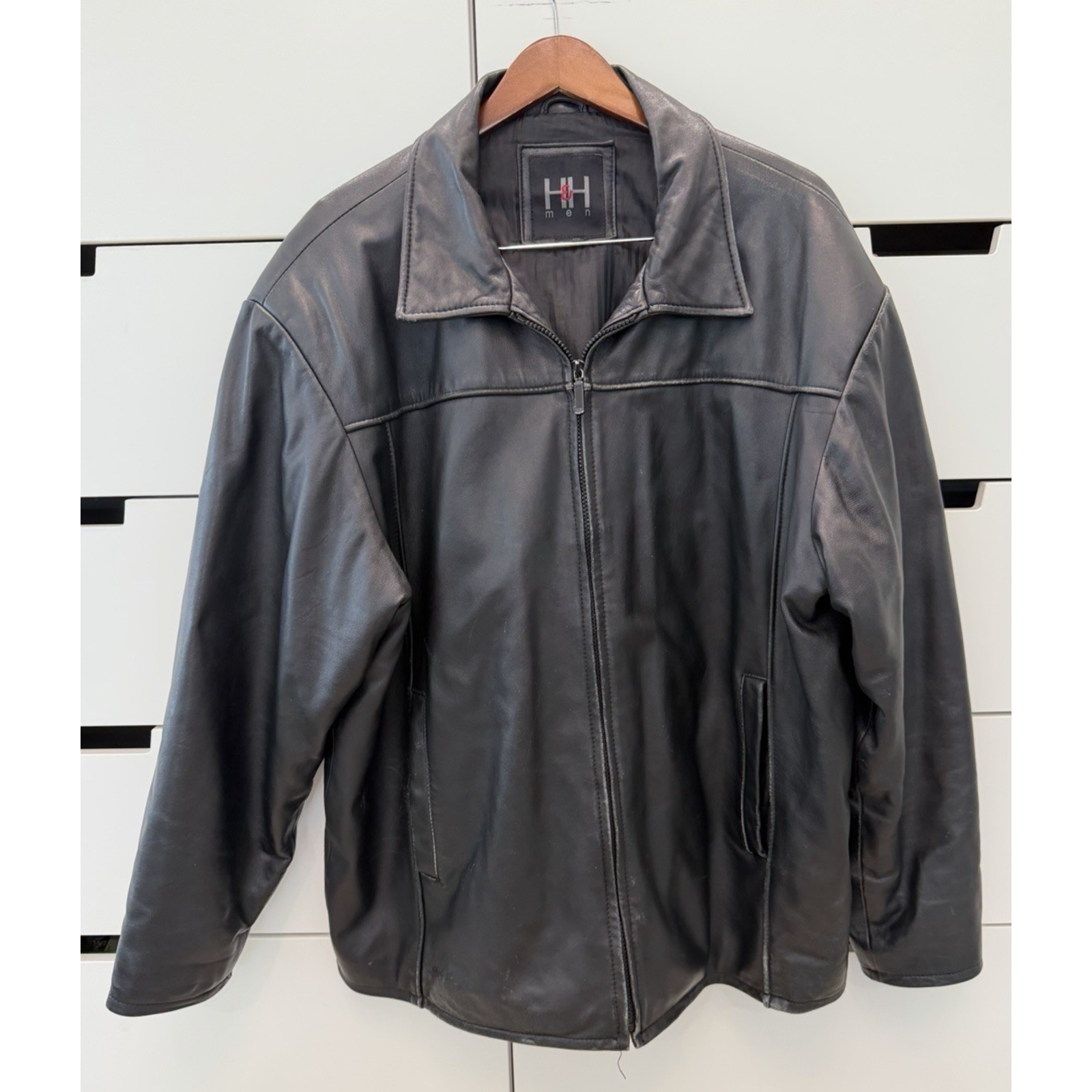 H&H Men Black Leather Full-Zip Jacket - Size: Xl - Soft, Distressed, Vg!